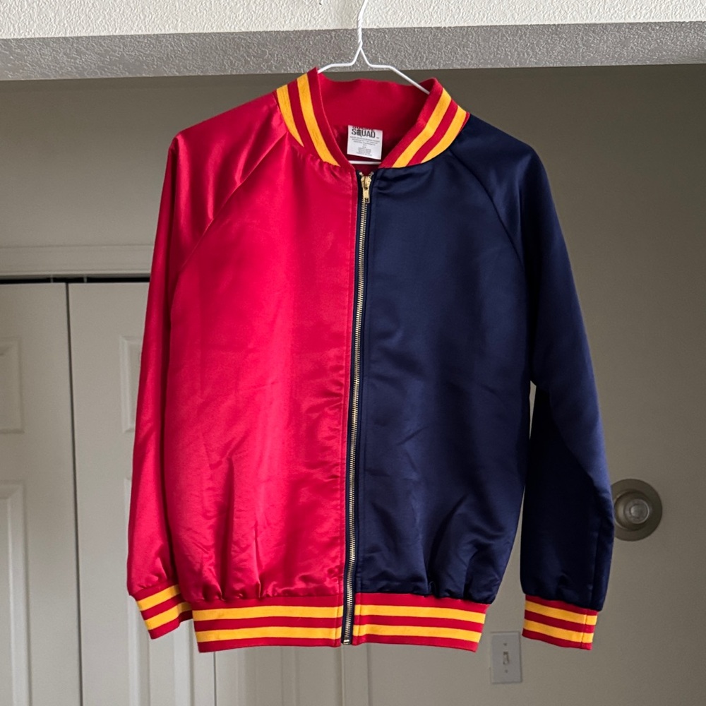 Two-Tone Red & Navy Bomber Jacket with Striped Trim by Suicide Squad
